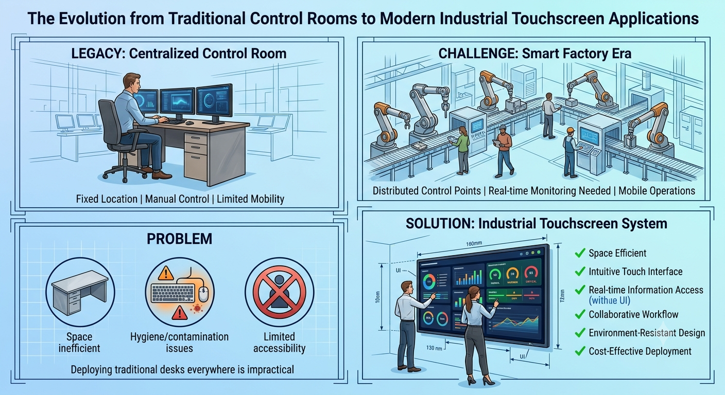 Blueprint-style overview showing the transition from centralized control rooms to industrial touchscreen systems